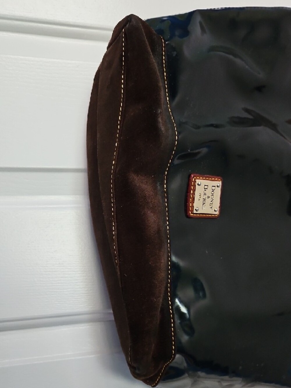 Dooney & Bourke Black Patent Tote with Brown Trim and Handles - Picture 3 of 8